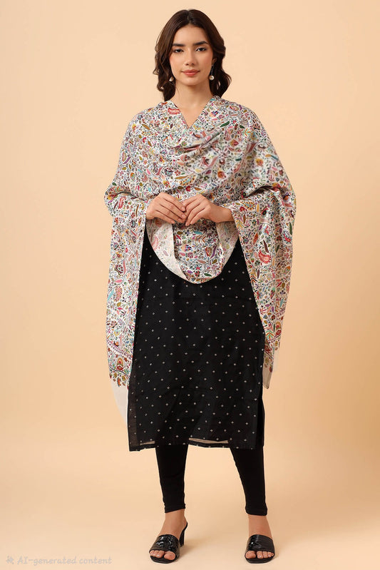 PAISLEY KALAMKARI LEAF DESIGN WOMENS SOFT SILK WOOL PRINT STOLES,WHITE