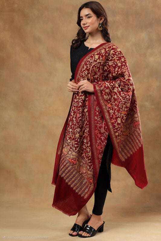 BIRDS OF HEAVEN ARABIC DESIGN NALKI ZARI EMBROIDERY STOLE,MEHROON