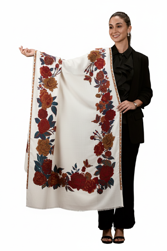 Women's Border Floral Fine Wool Kaani Shawl