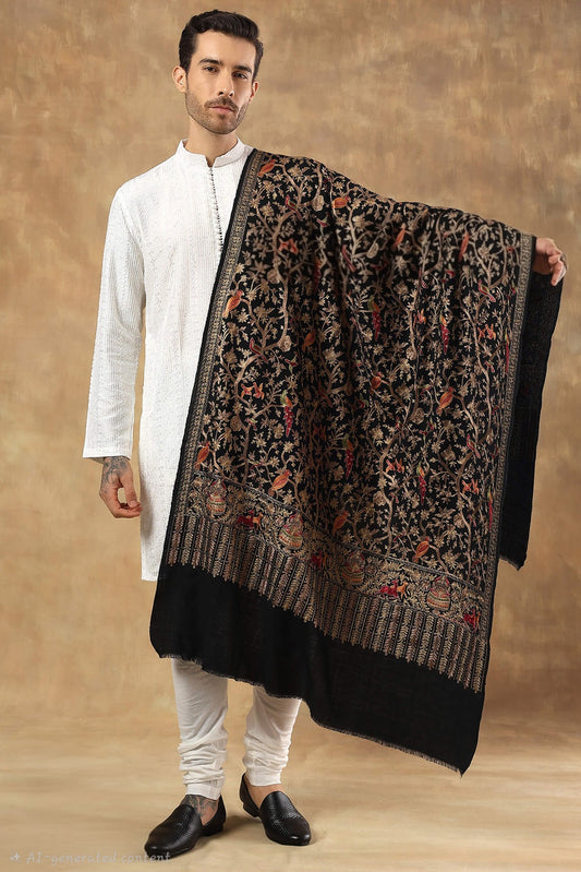 "SHIKAAR-E-KASHMIR" TILLA EMBROIDERY FINE PASHMINA WOOL MENS STOLE , WARM AND SOFT,BLACK