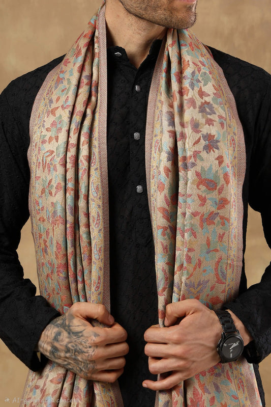 NAAQSH-E-KANI JAMAWAR SILK PASHMINA MENS SHAWLS,BEIGE GOLDEN