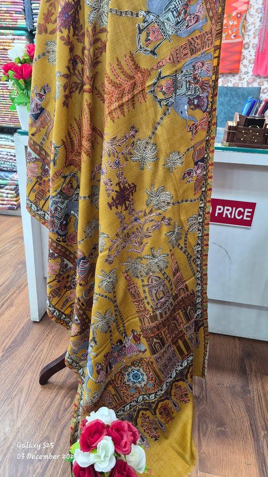 Kashmiri Designer Pure Kalamkari Shawl with Royal Procession Motif