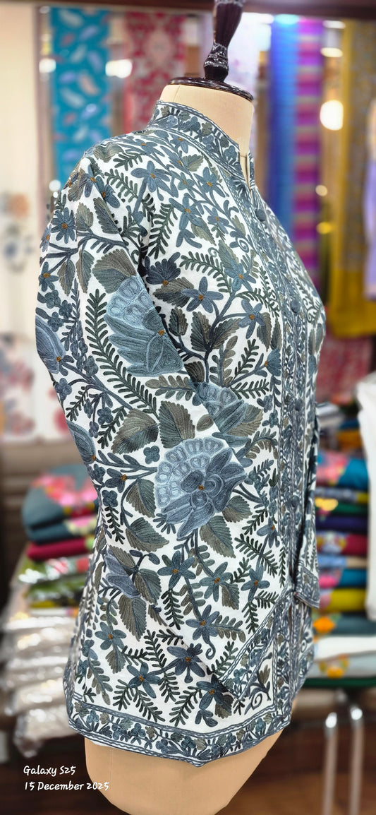 White-Gry Blue Floral Kashmiri Embroidered Jacket (or Coat):