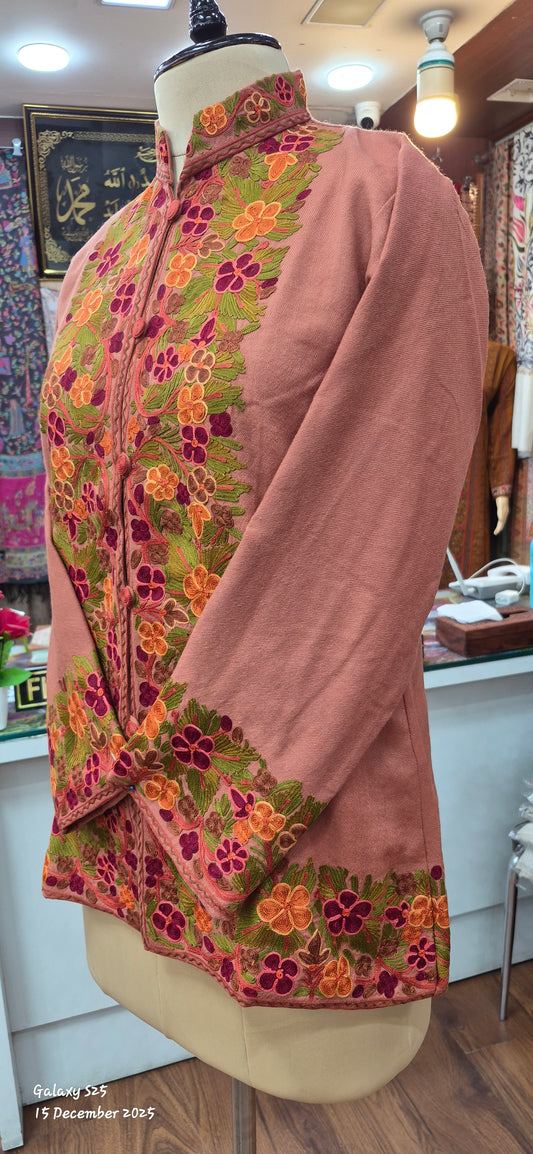 Peach Short Kashmiri Jacket with Ari-Embroidered Floral design on Border.