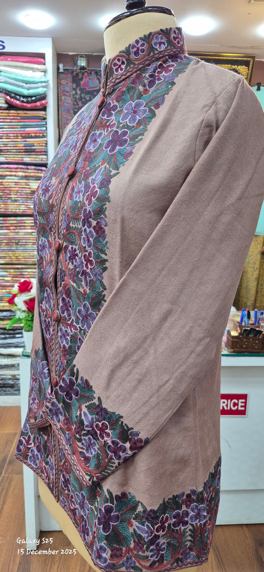Light brown Short Kashmiri Jacket with Ari Embroidered Floral design on Border.