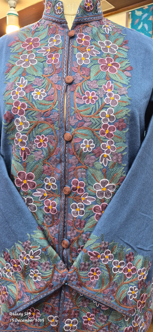 Short Kashmiri Jacket with Ari Embroidered Floral design on Border.