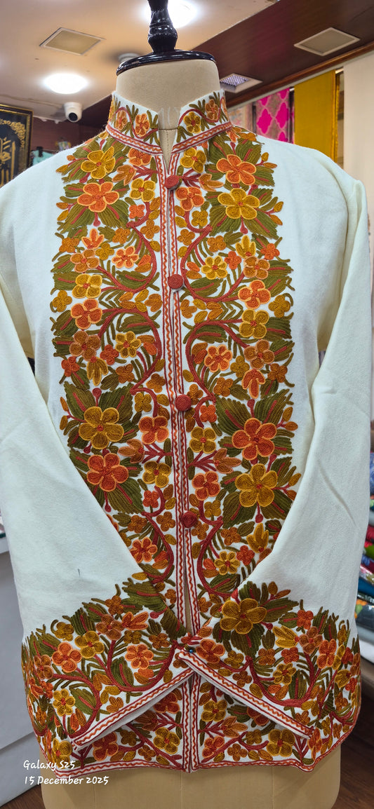 Short Kashmiri Jacket with Ari Embroidered Floral design on Border.