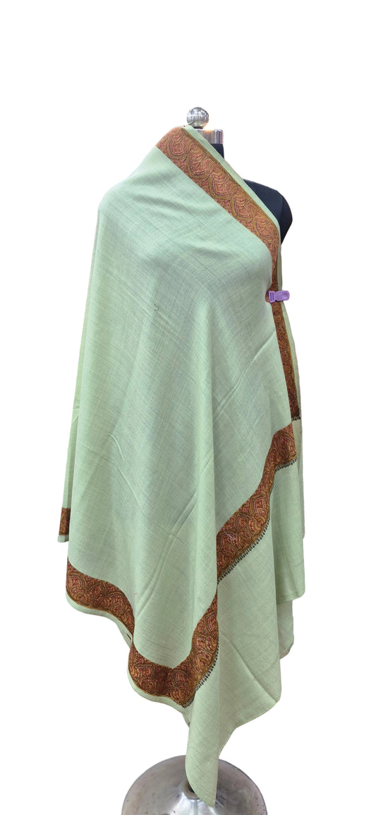 Mint Green-wool Shawl with Ornate Paisley Borders