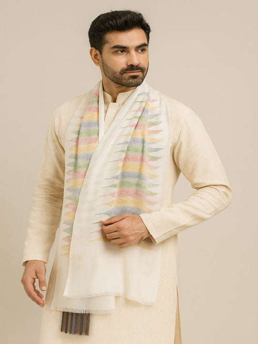 Woolen Men’s Stole with Ikat-Inspired Woven Design | Refined Ethnic Wrap (80 × 28 Inches)