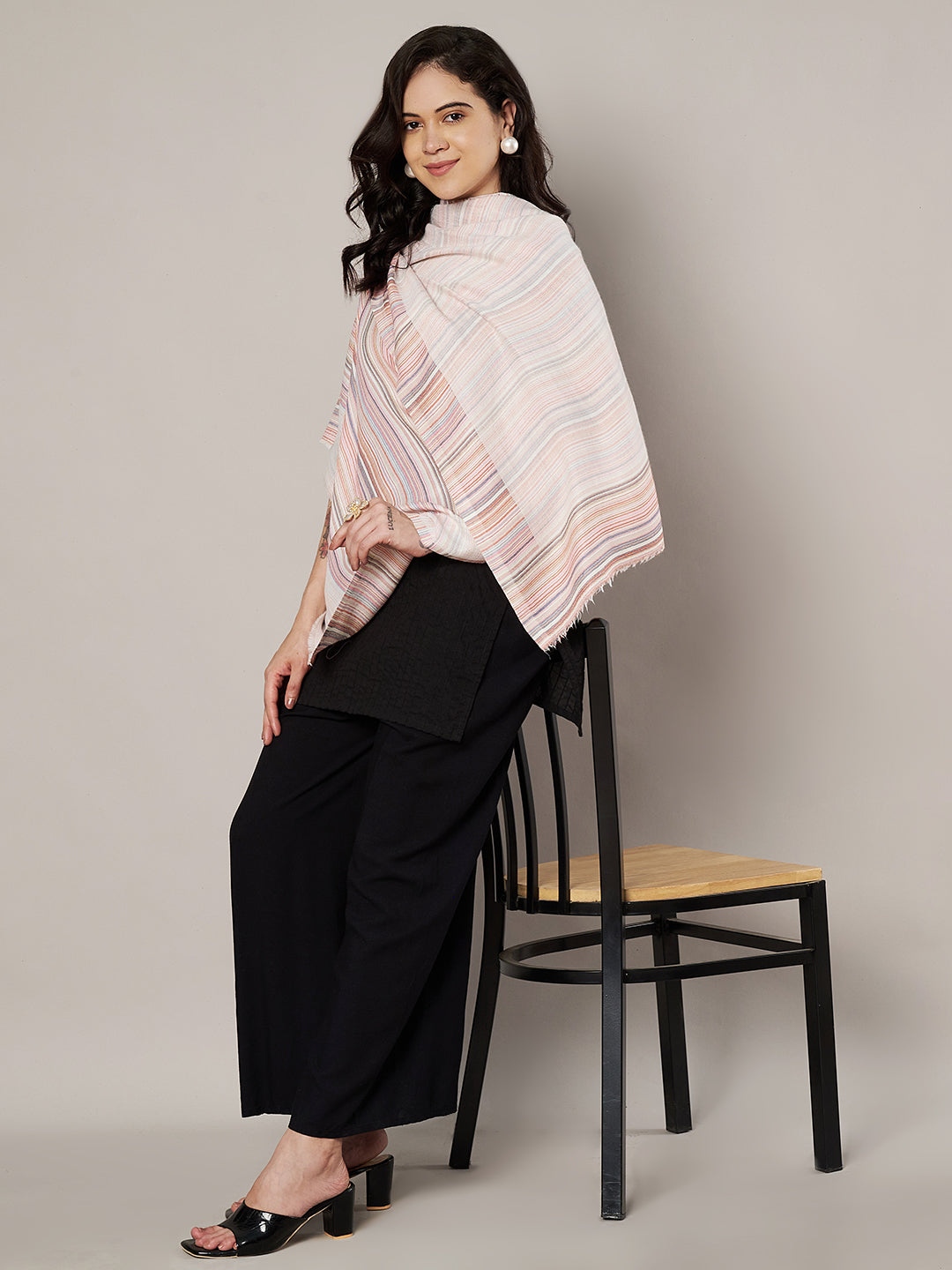 Reversible Woolen Women Stole with Fine Striped Weave | Soft & Lightweight Wrap (80 × 28 Inches)