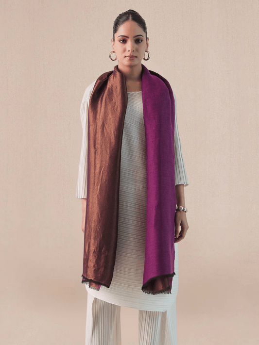Elite Moonlight Zari Reversible Stole – Plum Wine & Antique Bronze