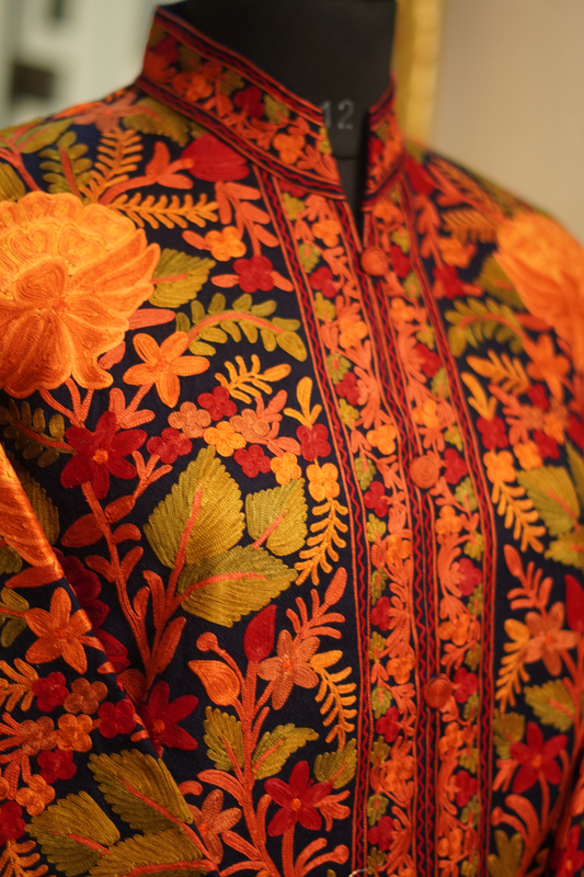 Black Lambs Wool Aari Embroidered Long Jacket