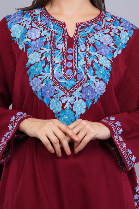 Maroon Fine wool Pheran with Blue Floral Aari Embroidery