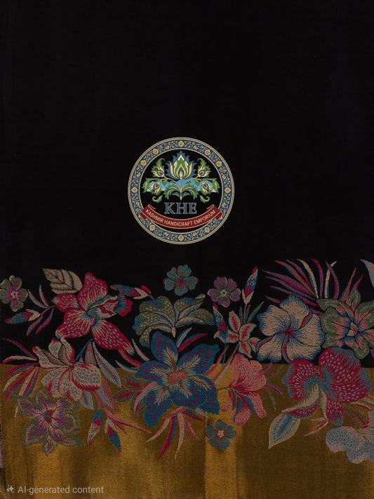 Black- Women's Woollen Shawl with Kaani Palla Pattern.