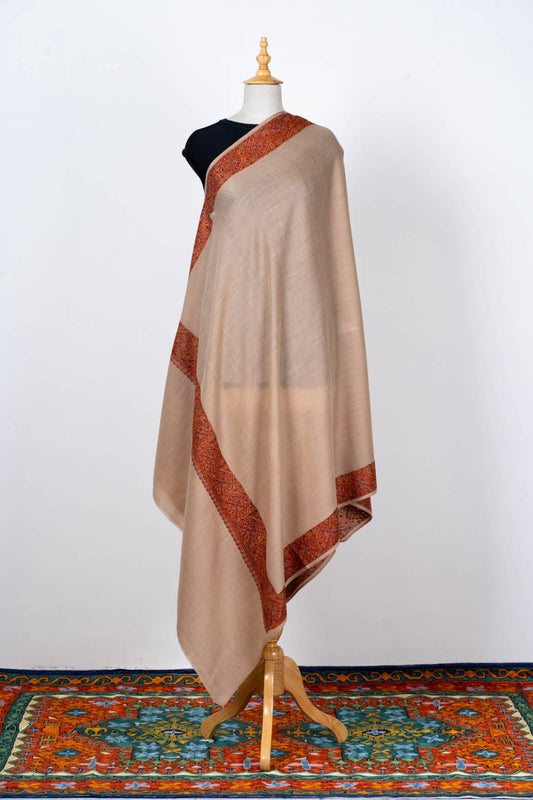 Beige Wool Shawl with Ornate Paisley Borders