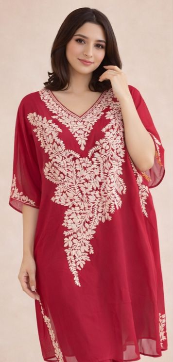 Luxury Floral Embroidered Georgette Kaftan | Free Size