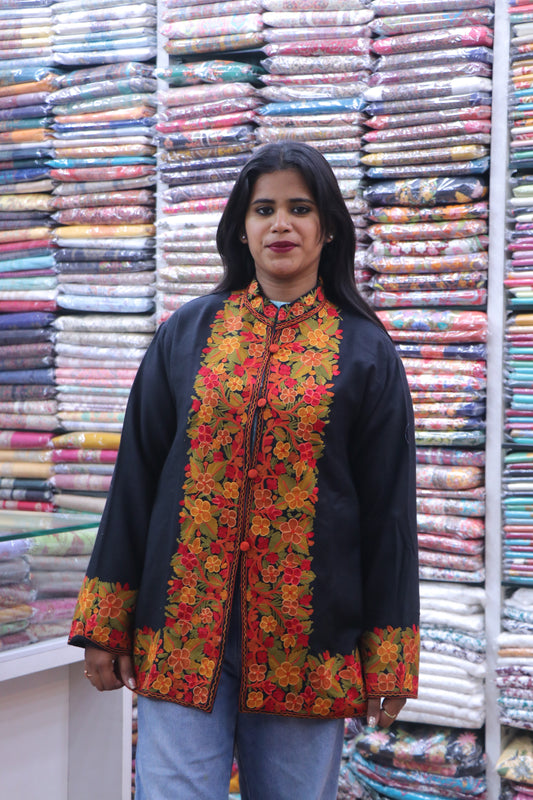 Black Short Kashmiri Jacket with Hand-Embroidered Floral design on Border.