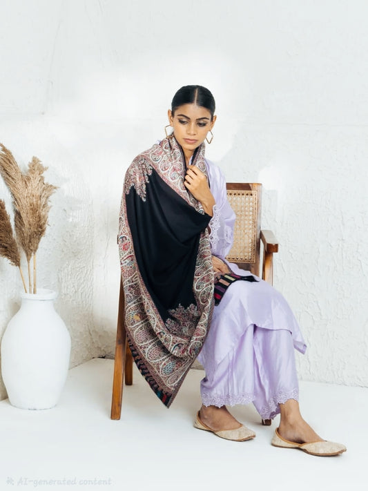 Black-Woollen Kani Weave Shawl in Traditional Kani Style