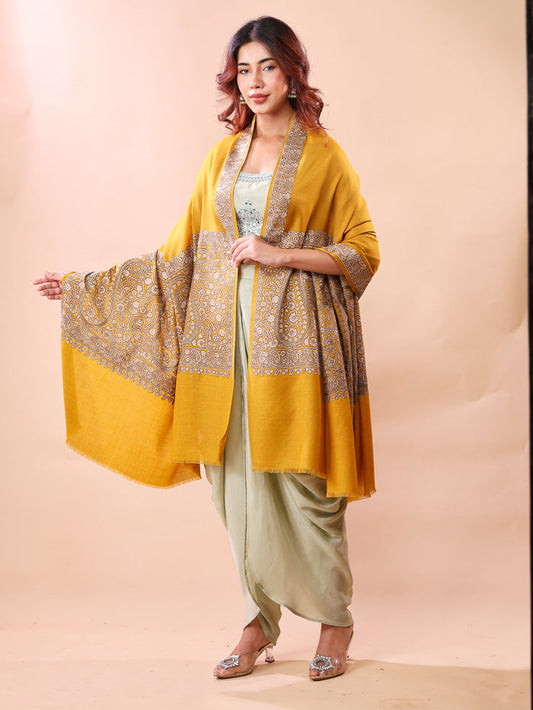 Mustard Paisley Palla Embroidery Kashmiri Shawl