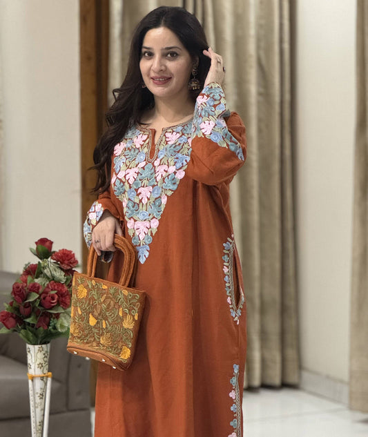Rust Chinar Neck & Arm Design Aari Embroidered Pheran