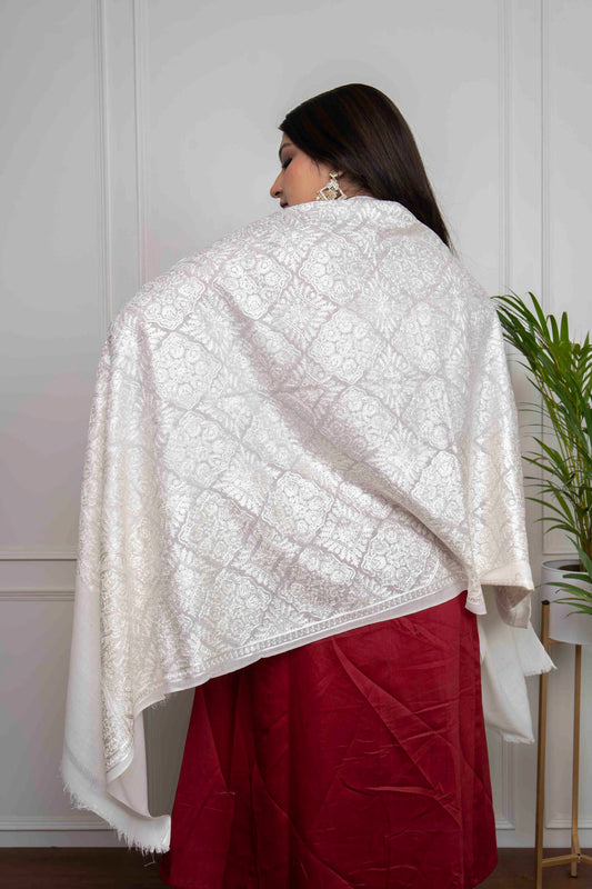 White Self Barfi Nalki embroidery Fine Wool Blend Stole