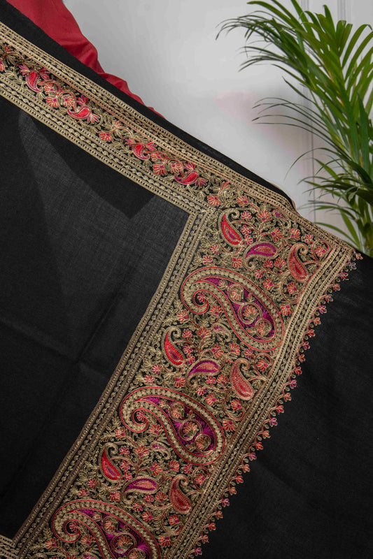 Black Ambi Border Nalki embroidery Fine Wool Blend Stole