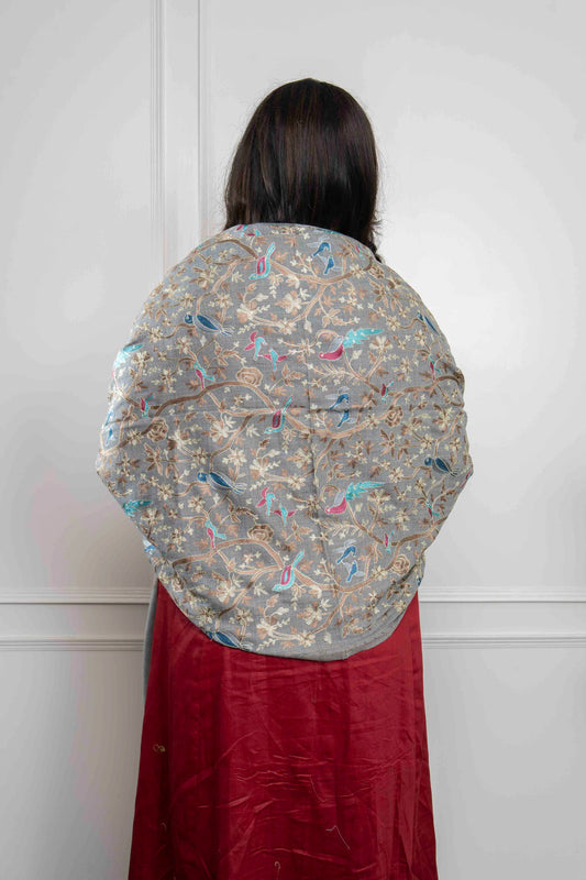 Grey Birds Motif Jaal Nalki embroidery Fine Wool Blend Stole