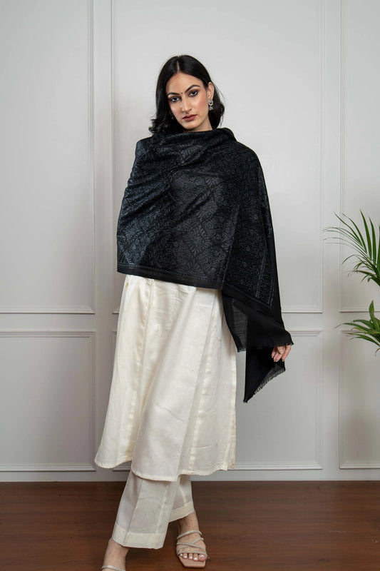 Black Self Barfi Nalki embroidery Fine Wool Blend Stole