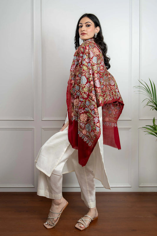Maroon Gulaab Jaal Nalki embroidery Fine Wool Blend Stole (dispatch time 3 weeks)