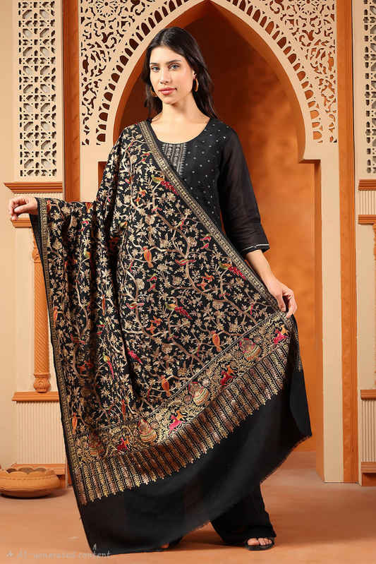 SHIKAAR-E-KASHMIR" TILLA EMBROIDERY FINE PASHMINA WOOL, WARM AND SOFT,BLACK