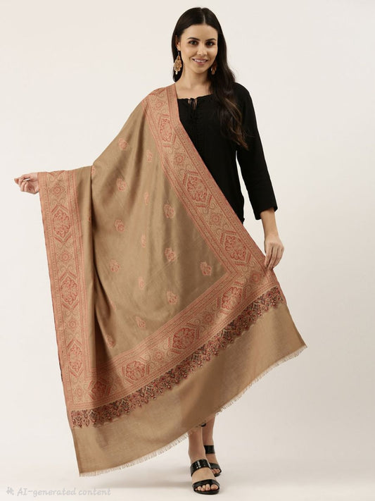 Classic Kashmiri Woven Shawl with Traditional Border Motifs