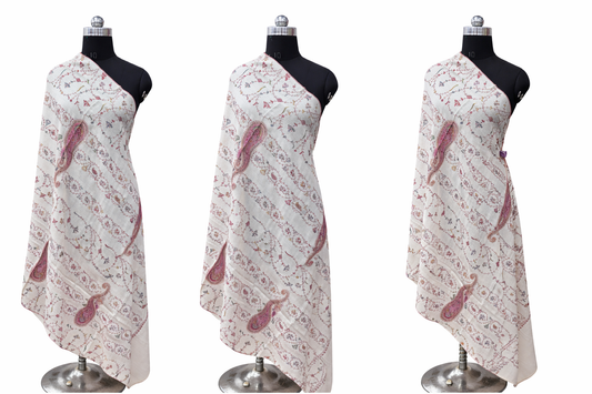 Ivory White Kashmiri Suzni Embroidered Shawl with Paisley & Floral Motifs