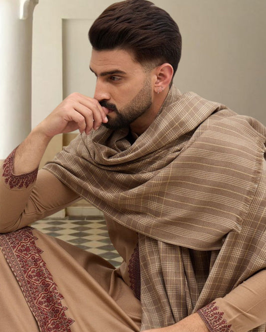 Classic Kashmiri Men’s Checkered Wool Shawl (Traditional Elegance)