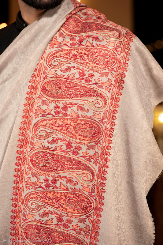 Mens Shawl, Hand Embroidered Ethnic Weave Palla , Soft Fine pashmina Wool, Full Size, Beige