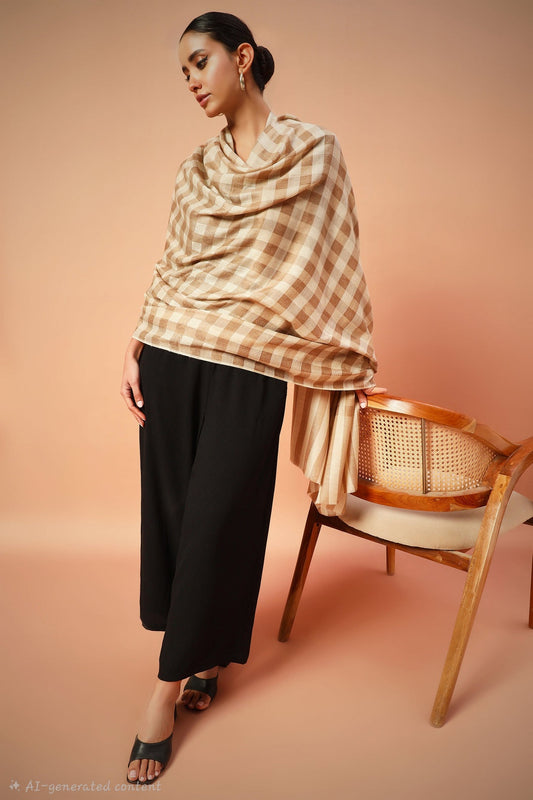 Womens Extra Fine Shawl,Checkered, Soft And Warm Beige