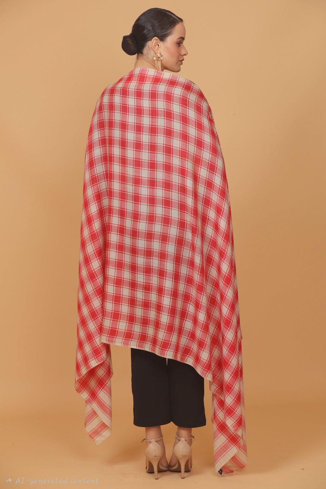 womens Extra Fine Wool shawl, CHECKERED design, Beige And Red