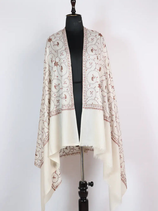 White Pashmina Wool Hand Sozni Embroidery Shawl for Women