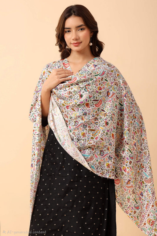 PAISLEY KALAMKARI LEAF DESIGN WOMENS SOFT SILK WOOL PRINT STOLES,WHITE