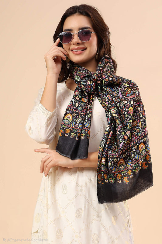 PAISLEY KALAMKARI LEAF DESIGN WOMENS SOFT SILK PRINT WOOL STOLES,BLACK