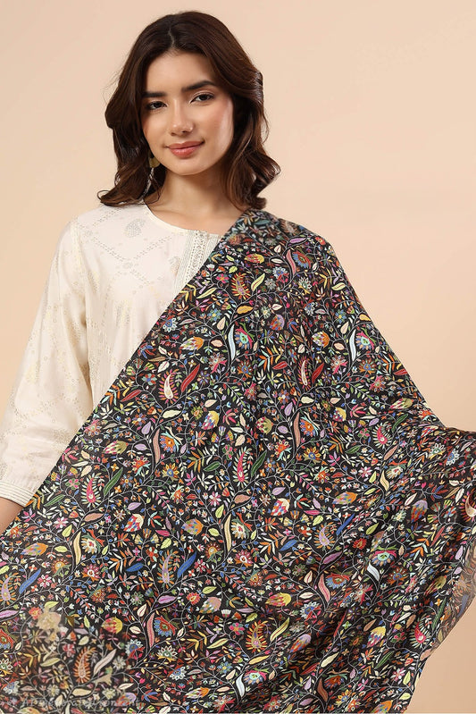 PAISLEY KALAMKARI LEAF DESIGN WOMENS SOFT SILK PRINT WOOL STOLES,BLACK