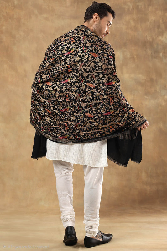 "SHIKAAR-E-KASHMIR" TILLA EMBROIDERY FINE PASHMINA WOOL MENS STOLE , WARM AND SOFT,BLACK