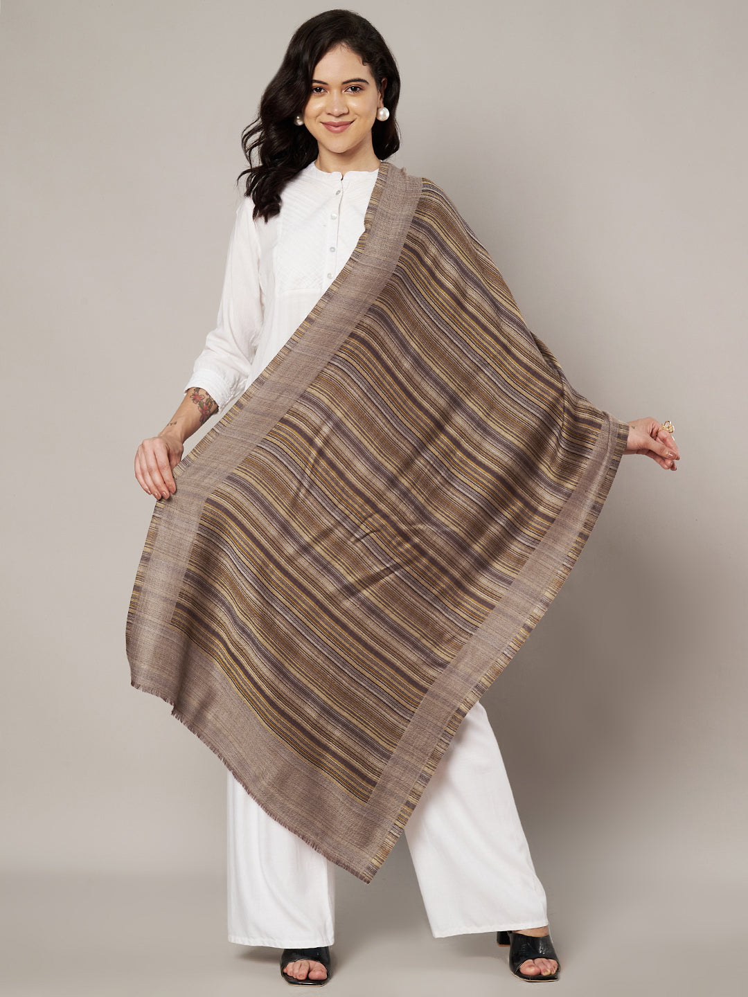 Reversible Woolen Women Stole with Fine Striped Weave – Soft & Elegant Wrap (80 × 28 Inches)