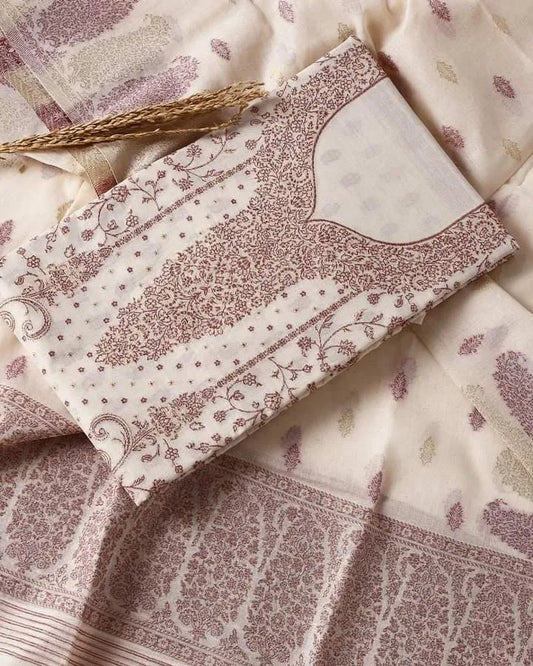 White Golden zeri kani Unsttiched 3pcs  Suit set...