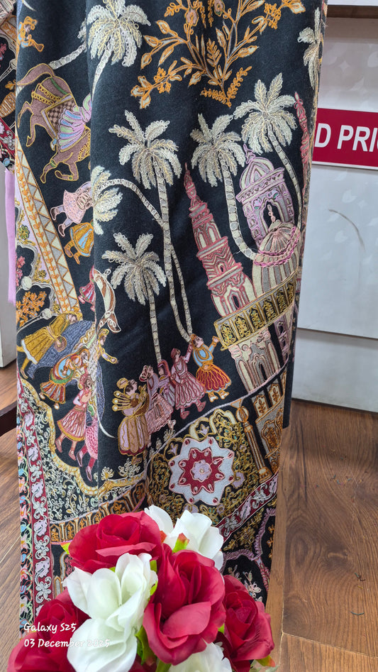 Kashmiri Designer Pure Kalamkari Shawl with Royal Procession Motif