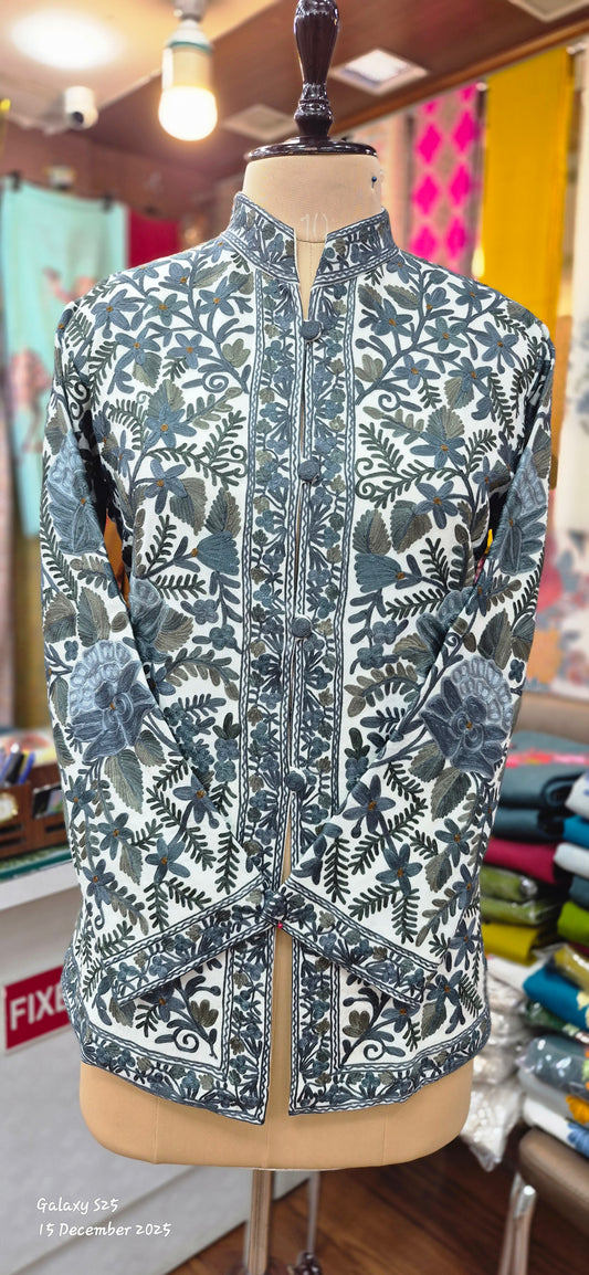 White-Gry Blue Floral Kashmiri Embroidered Jacket (or Coat):
