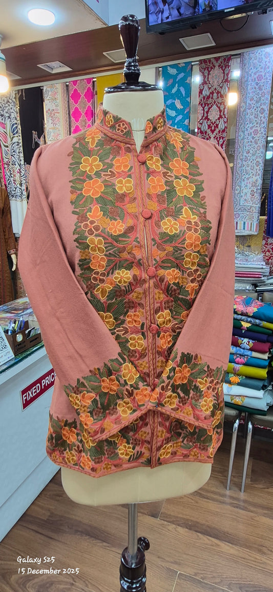 Peache Kashmiri Jacket with Hand-Embroidered Floral design on Border.