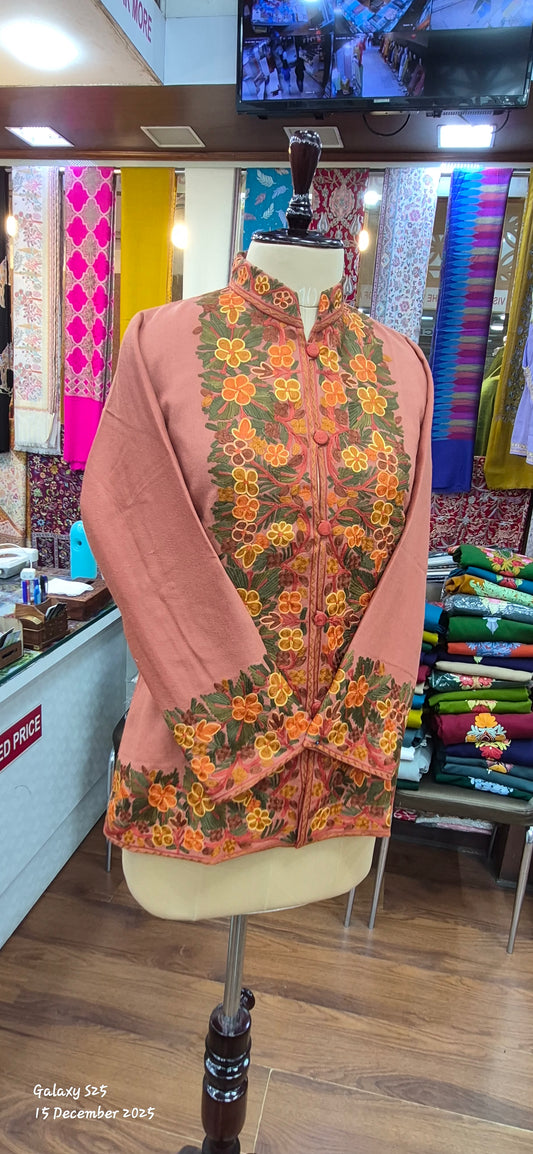 Peache Kashmiri Jacket with Hand-Embroidered Floral design on Border.