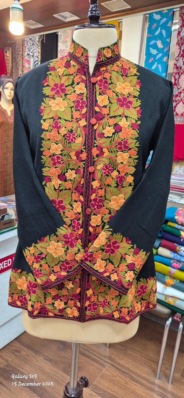 Black Short Kashmiri Jacket with Ari-Embroidered Floral design on Border.