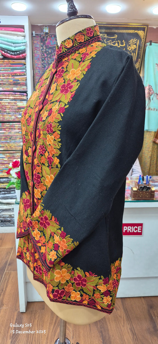 Black Short Kashmiri Jacket with Ari-Embroidered Floral design on Border.