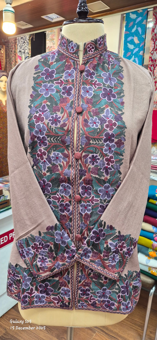 Light brown Short Kashmiri Jacket with Ari Embroidered Floral design on Border.
